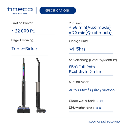 Tineco Floor One S7 Fold Pro Wet Dry Vacuum Cleaner | 22kPa Suction | 3.9kg Lightweight