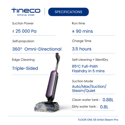 Tineco Floor One S9 Artist Steam Pro Smart Wet Dry Vacuum Cleaner