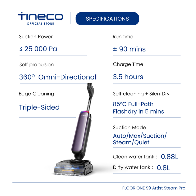 Tineco Floor One S9 Artist Steam Pro Smart Wet & Dry Vacuum Cleaner (Purple)